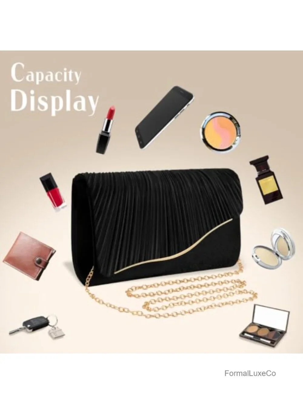 Evening Clutch Purse with Detachable Chain Strap Magnetic Snap Closure Satin